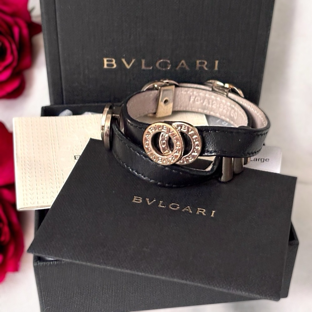 BVLGARI Double Coiled Black Leather Wrap Bracelet W/Box, Tags & Card NEW